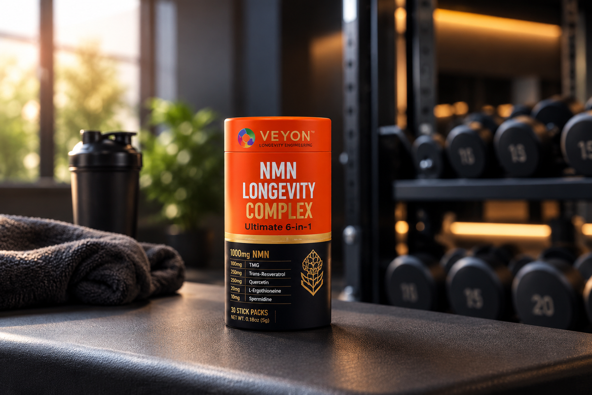 VEYON single-serve stick pack photographed on a sand-colored background